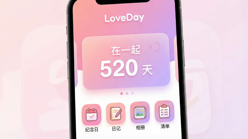 һ��չʾ�����ֻ���Ļ��ͼƬ����Ļ����ʾ�š�LoveDay��Ӧ�ó���������棬��������͵ķ�ɫ��ǳ��ɫ����Ϊ��ɫ���������С�LoveDay���İ�ɫ����logo���м���һ�����۵����ڵ���ʱ��Ƭ��д�š���һ�� 520 �족���·������ż���Բ�Ǿ��εĹ���ͼ�꣬�ֱ��ע�������ա������ռǡ�������ᡱ�����嵥���������ɾ���ͼ�����Բ��ɰ�����������ܰ������ϸ�����������ʸɾ����޶���Ԫ��