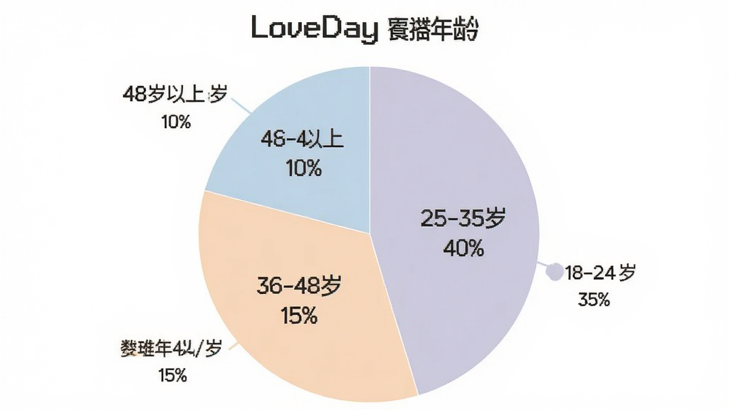 һ������ͳ��ͼ�������ñ�״ͼ��ʽ��չʾ��LoveDay���û�����ֲ�����ͼ��Ϊ�ĸ��������򣬷ֱ��עΪ��18-24�� 35%������25-35�� 40%������36-48�� 15%������48������ 10%����ͼ����ɫ��ͣ�����Ϊ��ɫ�����ݱ�ǩ�����ɼ���������ִ������ʸɾ����޶���Ԫ��
