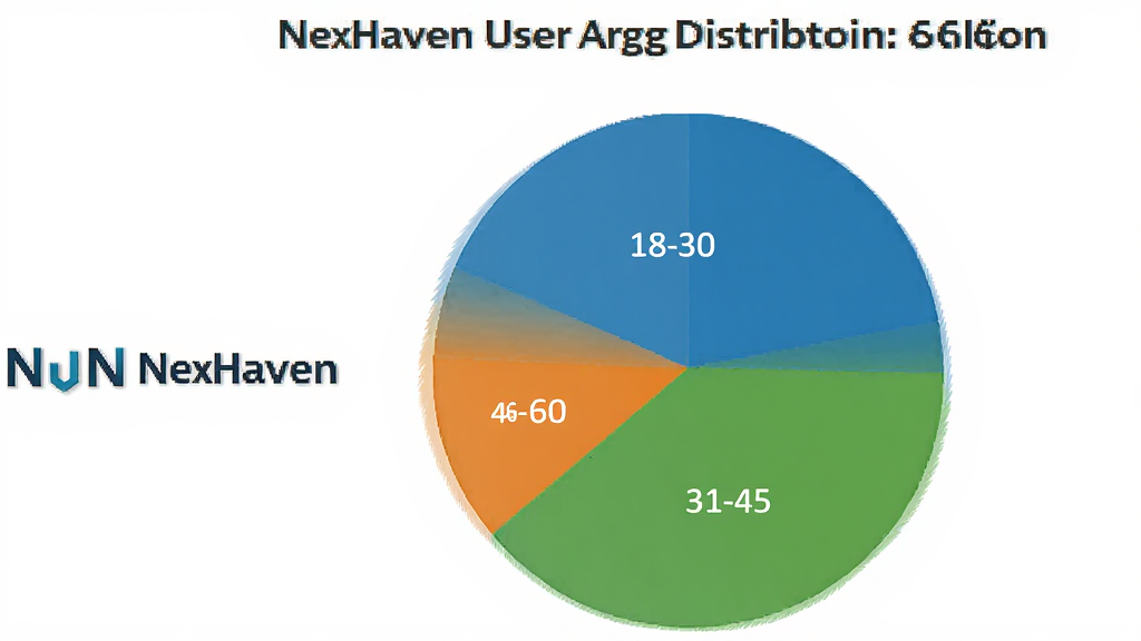 一张展示NexHaven用户年龄分布饼状图的图片,图表分为三个扇形区域,分别标注18-30岁、31-45岁、46-60岁,颜色为蓝色、绿色、橙色,背景是白色,图表旁边有NexHaven的logo,风格商务简洁,画质清晰干净
