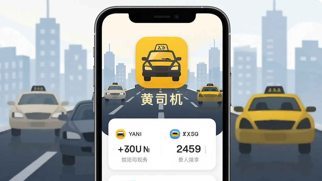 手机屏幕正中间显示黄司机应用的主界面图标和名称黄司机,背景是城市道路与出租车剪影,整体布局为上下结构,上方是应用logo和文字,下方是简洁的接单数据概览卡片,风格为扁平化现代设计,细节圆润无多余装饰,画质清晰干净,无多余元素