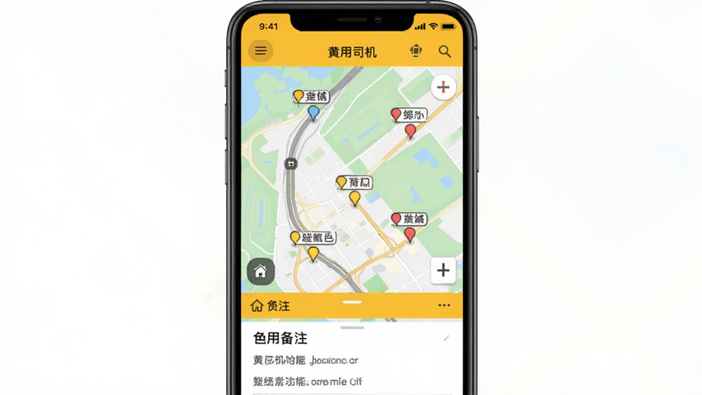 黄司机应用内路线备注功能界面,手机屏幕显示黄司机app的地图页面,地图上有几个带文字标签的标记点,布局为全屏地图加底部备注列表,风格为实用工具类扁平设计,细节清晰,画质干净无多余元素