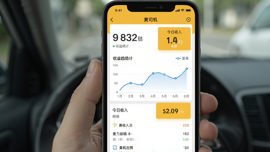 黄司机应用内部收益统计界面截图风格,手机屏幕显示黄司机app的收益统计页面,主体为收益趋势折线图和今日收入数字卡片,布局为上方大数字、中间折线图、下方明细列表,风格为简洁扁平化,细节清晰,画质干净无多余元素