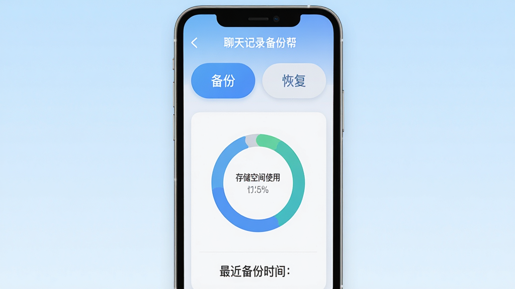 �����¼���ݰ����������棬��������չʾһ�������ֻ���Ļ����Ļ����ʾ�������¼���ݰӦ�ý��棬�����б��ݺͻָ�������ť���м��Ǵ洢�ռ�ʹ������Ļ���ͼ�����ײ���ʾ�������ʱ�䣬���岼������������Ϊ����ɫ���䣬����ִ���ƽ��ϸ��Բ�󣬻��ʸɾ��޶���Ԫ�أ����������ɶ���