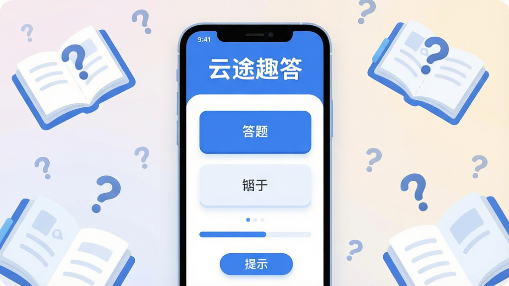 画面中央是一部智能手机,屏幕上显示着“云途趣答”的答题界面,界面简洁,以蓝白配色为主,顶部有醒目的“云途趣答”文字标识,中间是答题选项卡片,底部有进度条和提示按钮,背景是柔和的浅色渐变,周围散落着几本翻开的书籍和问号图标,风格现代扁平,细节圆润,画质干净无多余元素。