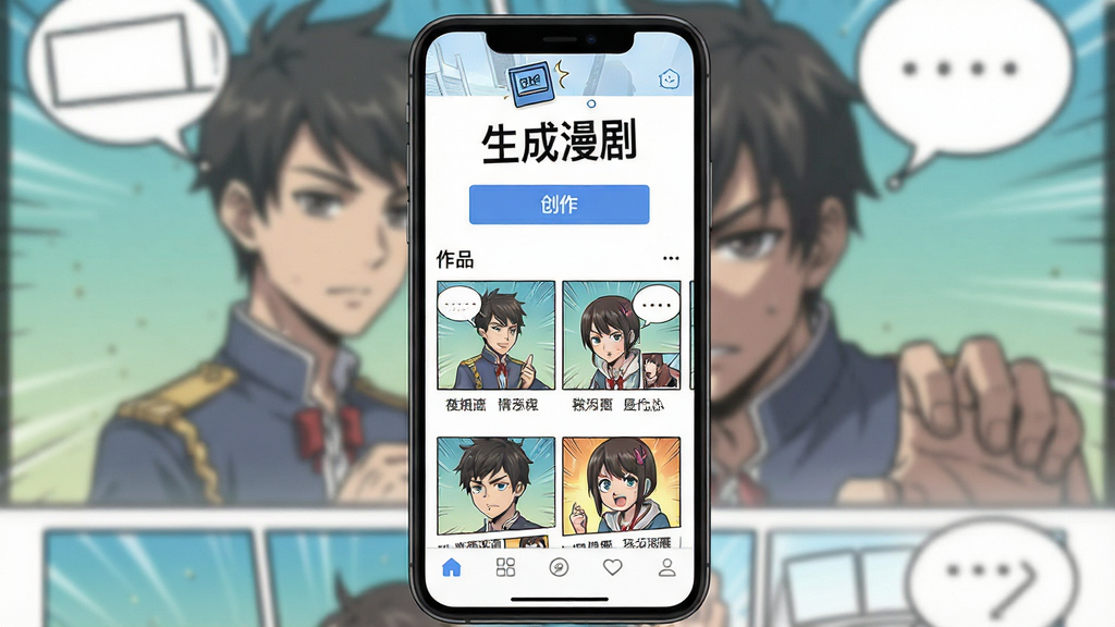 生成漫剧 软件主界面展示 手机屏幕中显示漫画风格的角色和场景 布局为顶部软件名称“生成漫剧” 中间是创作按钮和作品列表 底部是导航栏 排版简洁清晰 风格为扁平化现代设计 细节包含漫画气泡和分镜图标 画质高清 干净 无多余元素