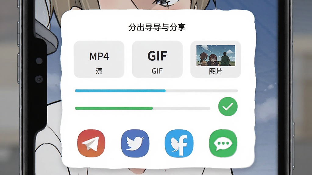 生成漫剧 导出与分享界面 手机屏幕显示导出格式选项包括MP4 GIF 图片集 下方有分享到社交平台的图标 布局为居中卡片式设计 风格为简洁明快的现代UI 细节有进度条和完成打勾图标 画质高清 干净 无多余元素