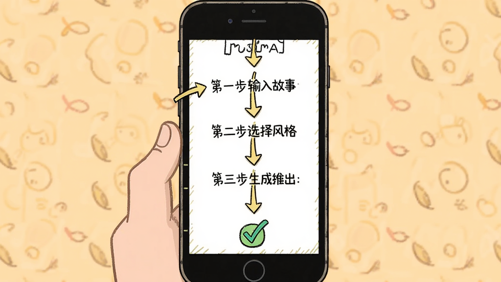生成漫剧 新手操作引导页面 画面中手机屏幕显示步骤提示 第一步输入故事 第二步选择风格 第三步生成导出 布局为竖向时间轴 风格为卡通手绘风 细节有箭头指引和完成勾选标记 画质清晰 干净 无多余元素