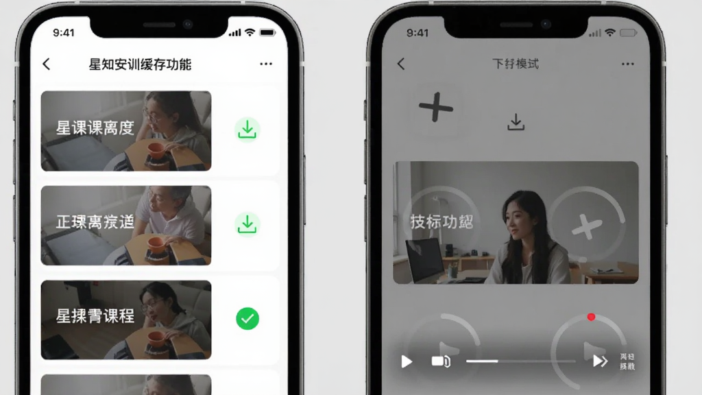 星知安训离线缓存功能展示,画面左侧是手机界面显示课程列表,每个课程右侧有下载图标,已下载的课程显示绿色对勾标记,右侧是手机处于飞行模式仍能播放课程的画面,背景为浅灰色,风格简洁现代,画质清晰,无多余元素