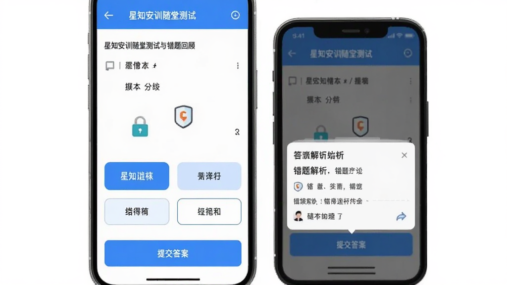 星知安训随堂测试与错题回顾界面,手机屏幕显示一道安全知识选择题,下方有四个选项按钮,底部有