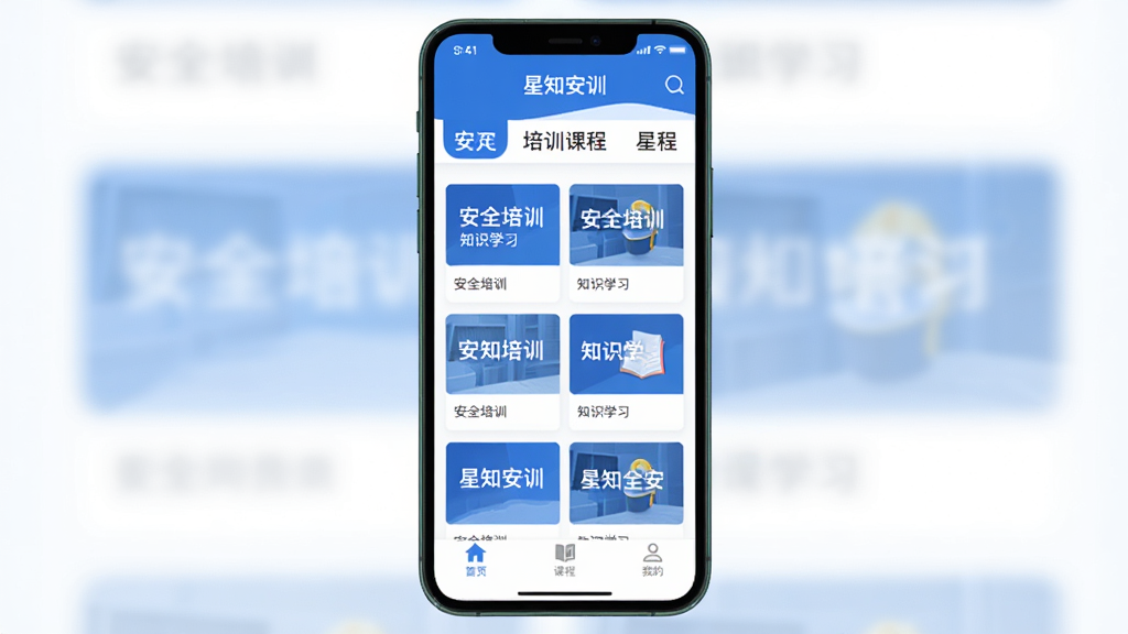 星知安训应用主界面展示,画面中央是手机屏幕,屏幕内显示星知安训应用首页,顶部有安全培训课程分类导航,中间是课程卡片列表,卡片上有