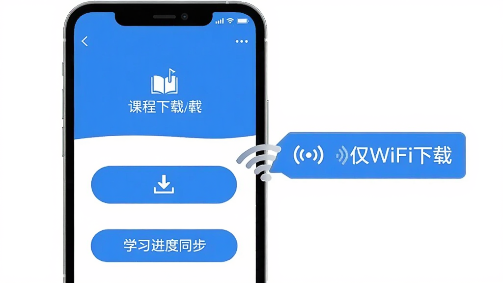 星知安训使用技巧示意图,手机屏幕显示课程下载界面,下载按钮旁边有WiFi图标和
