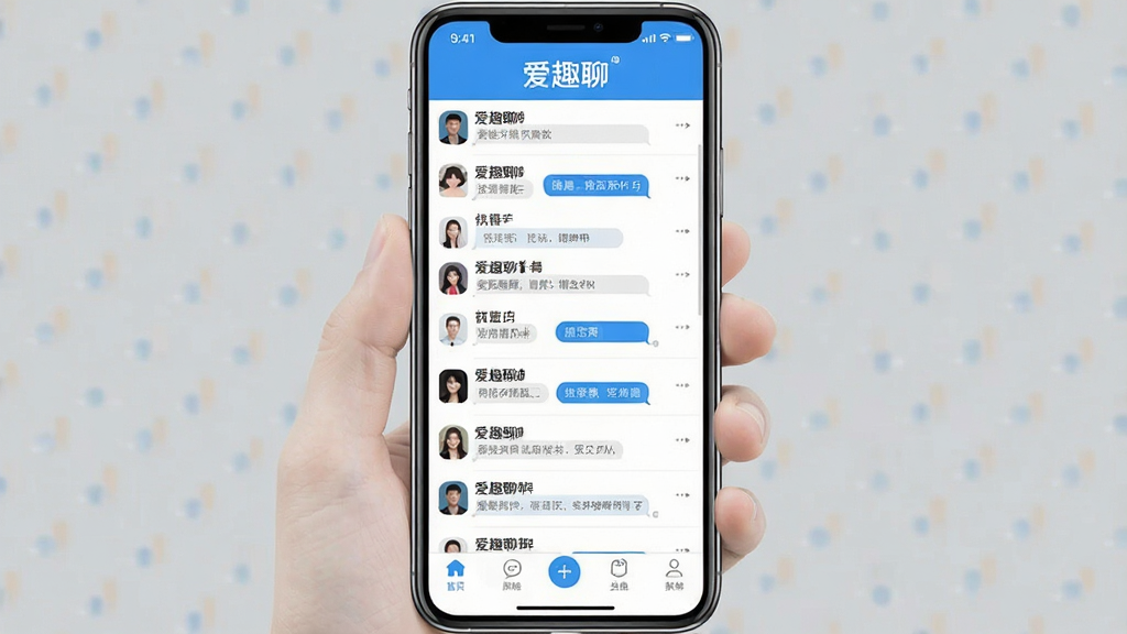 一张展示“爱趣聊”App核心界面的手机屏幕截图,画面中央是清爽的聊天列表界面,顶部有“爱趣聊”文字标识,底部导航栏清晰,整体采用蓝白配色,风格简洁现代,画质干净,无多余元素,用于展示软件全貌。