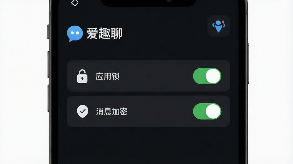 一张展示“爱趣聊”安全设置界面的图片,画面中有“应用锁”、“消息加密”等选项开关,界面以深色模式呈现,图标简洁,布局清晰,风格科技感,画质干净,无多余元素。
