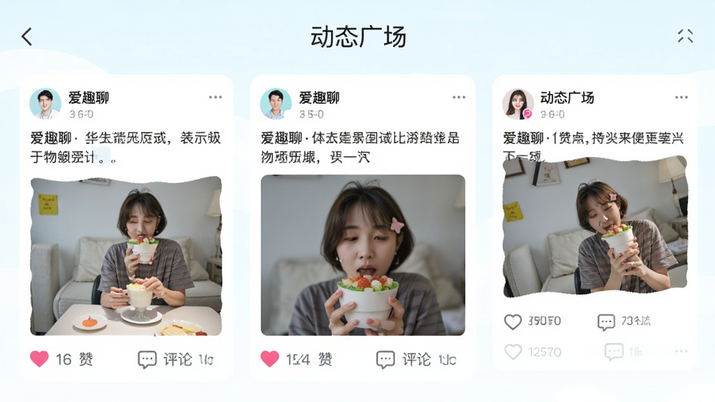 一张“爱趣聊”动态广场界面的图片,画面中展示了几条用户动态,包含文字和配图,下方有点赞和评论图标,顶部有“动态广场”标题,整体风格清新,排版舒适,画质干净,无多余元素。