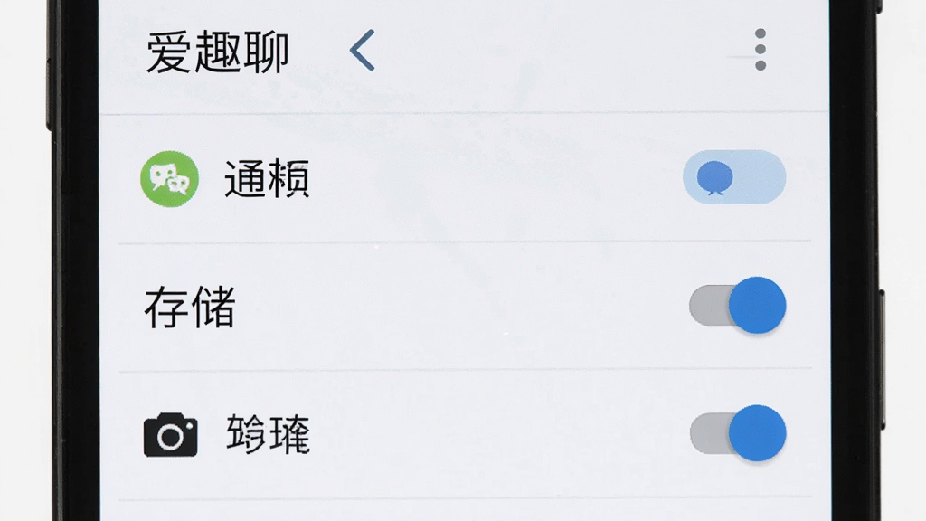 一张手机屏幕显示“爱趣聊”应用权限管理界面的图片,画面中有通知、存储、相机等权限开关,界面为安卓原生风格,布局清晰,文字标签明确,画质干净,无多余元素。