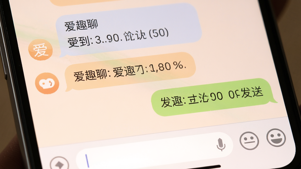 一张手机聊天界面的特写图片,画面中显示“爱趣聊”的对话气泡,左侧是收到的消息,右侧是发送的消息,底部有输入框和表情按钮,界面色彩柔和,布局清晰,风格温馨,画质细腻,干净无多余元素。