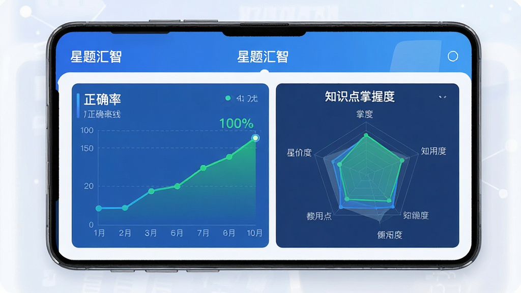 一张展示“星题汇智”学习进度追踪界面的图片,手机屏幕中央显示学习报告图表,包括正确率曲线和知识点掌握度雷达图,图表颜色以蓝色和绿色为主,界面干净,数据清晰,风格现代