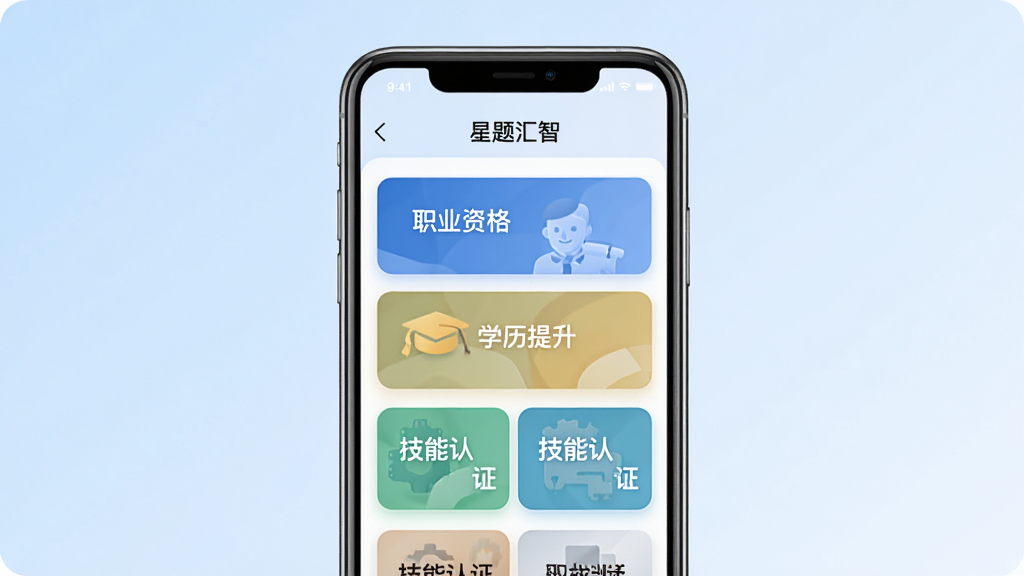 一张展示“星题汇智”智能题库分类界面的图片,画面中央是手机屏幕,屏幕上显示多个题库分类卡片,卡片上标注“职业资格”“学历提升”“技能认证”等字样,背景是淡蓝色渐变,风格清新简洁,画质干净
