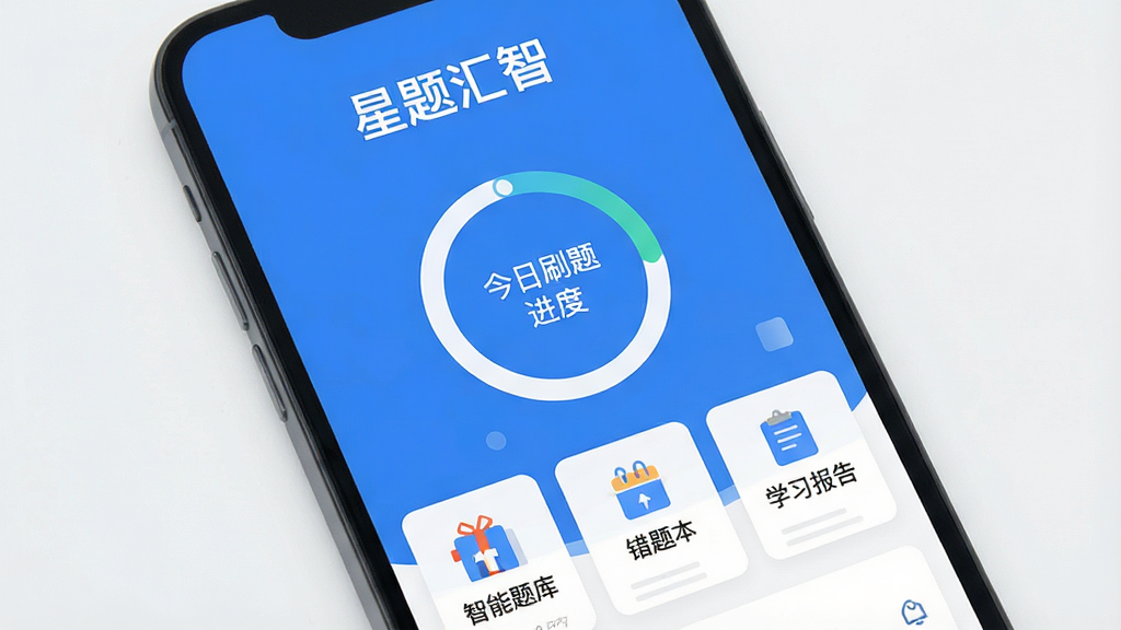 一张手机屏幕展示“星题汇智”应用主界面,界面以蓝白配色为主,顶部显示“星题汇智”四个字,中间是今日刷题进度环形图,下方是智能题库、错题本、学习报告三个功能卡片,整体风格简洁现代,扁平化设计,画质干净,无多余元素
