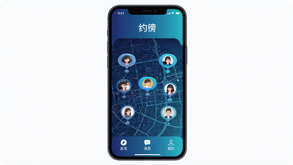 Լ���������Ľ���չʾ���ֻ���Ļ������ʾ��Լ����APP��ҳ�棬�����ǳ���ҹ����ͼ�������û�ͷ����Բ�����ݷֲ��ڵ�ͼ�ϣ��ײ��С����֡�����Ϣ�����ҵġ�����������ť������ɫ��Ϊ��������ɫ���䣬����ִ���ƽ��ϸ��Բ�󣬻��ʸɾ��޶���Ԫ��