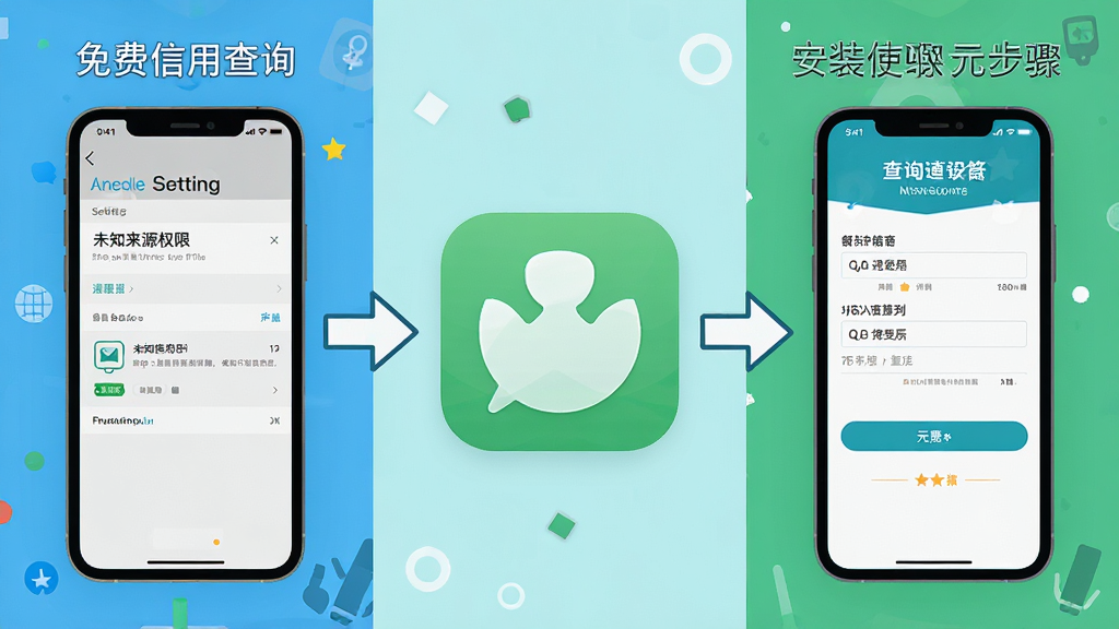 ������ò�ѯApp��װʹ�ò���ʾ��ͼ�������Ϊ�������֣�������ֻ������п���δ֪��ԴȨ�޵Ľ��棬�м���App��װ��ɵ�ͼ����д���ұ��ǲ�ѯҳ����д��Ϣ�Ľ��棬�������ü�ͷ���ӣ�������Ϊ��ƽ���̳̲�ͼ��ɫ�����죬���ֱ�ע���������ʸɾ�