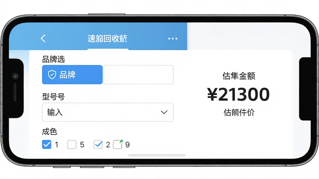 一张手机界面展示速回收App的智能估价页面,屏幕上有品牌选择、型号输入和成色勾选项,右侧显示估价金额,背景干净,风格扁平化,画质清晰无多余元素