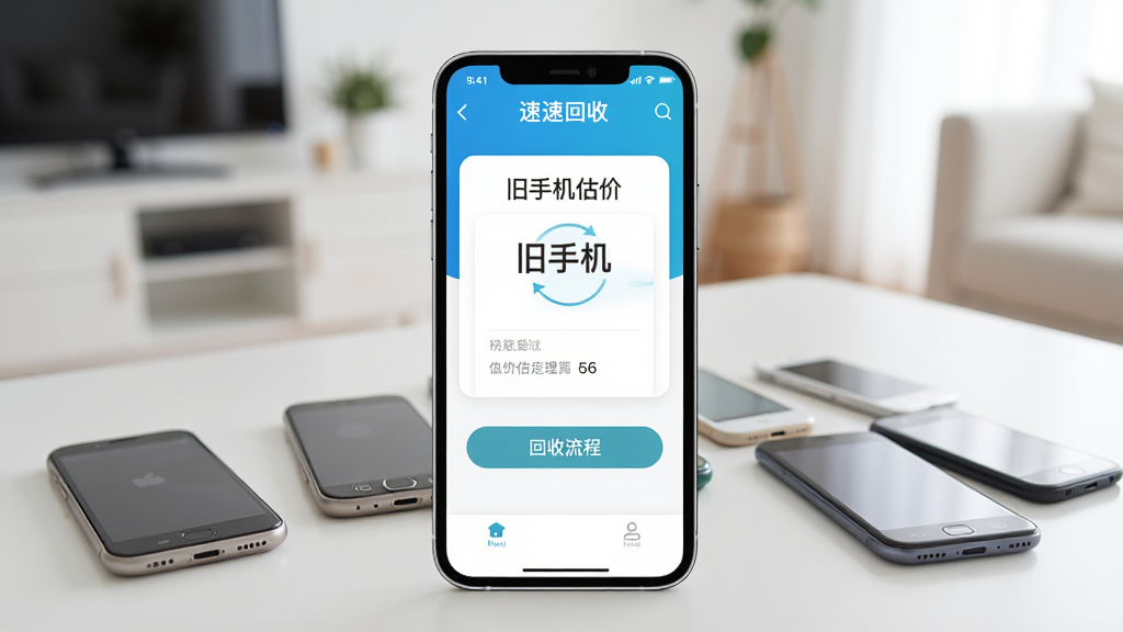 一张手机屏幕展示速回收App主界面,界面中央显示旧手机估价结果和回收流程按钮,背景是简洁的家居环境,桌上放着几台旧手机,整体风格清新明亮,画质干净无多余元素