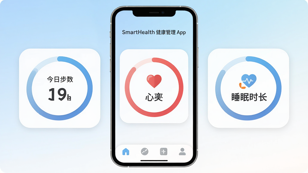 SmartHealth 健康管理 App 主界面全貌展示,手机屏幕中央显示今日步数、心率、睡眠时长三个环形数据卡片,背景为浅蓝到白色的柔和渐变,底部有四个导航图标,整体布局简洁对称,扁平化设计风格,图标圆润,画质干净无多余元素