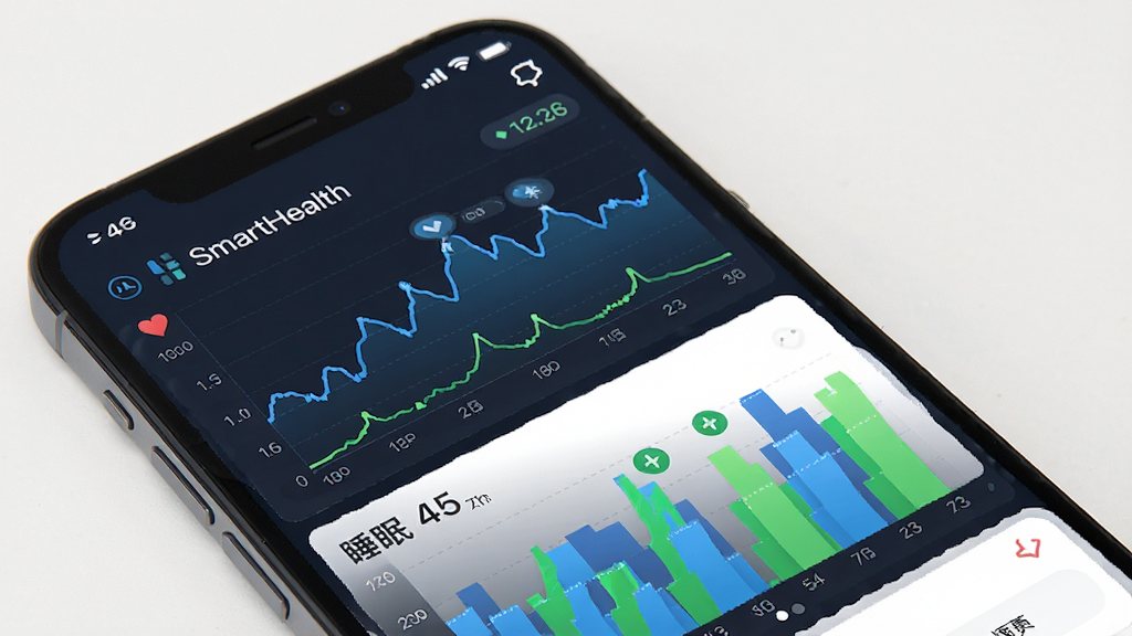 SmartHealth 健康数据追踪功能展示,手机屏幕显示心率曲线图和睡眠阶段柱状图,数据用蓝色和绿色区分,界面布局上下分栏,风格现代简约,画质清晰干净无多余元素