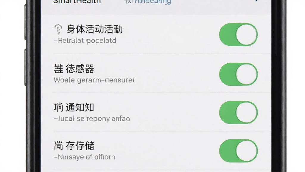 SmartHealth 权限设置界面截图示意,手机屏幕显示权限管理列表,包含身体活动、传感器、通知、存储四项权限开关,每个开关旁边有文字说明,界面为浅色主题,布局清晰,风格简洁,画质干净无多余元素