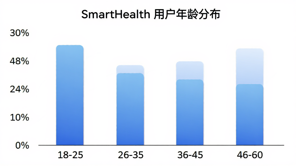 SmartHealth 用户年龄分布柱状图,横轴为年龄段18-25、26-35、36-45、46-60,纵轴为百分比,柱子用蓝色渐变,背景白色,图表标题为“SmartHealth 用户年龄分布”,风格简洁数据可视化,画质干净无多余元素