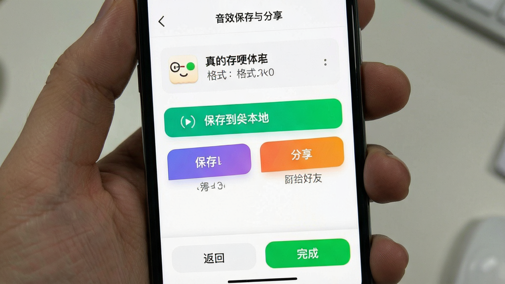 一张手机屏幕截图,展示“真的哽住了”软件的音效保存与分享界面,画面中有保存到本地和分享给好友两个大按钮,上方有音效文件名和格式信息,底部有返回和完成按钮,界面以白色背景为主,按钮颜色鲜明,布局简洁,风格清爽,画质干净无多余元素。