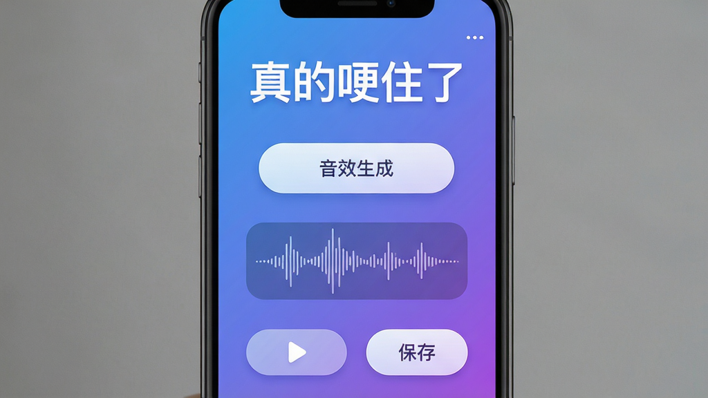 一张手机应用界面截图,画面中央是“真的哽住了”软件的主界面,顶部有醒目的应用名称“真的哽住了”,中间是一个简洁的音效生成按钮和波形图预览,底部有播放和保存按钮,整体配色以蓝紫渐变为主,风格清爽现代,布局清晰,细节圆润,画质干净无多余元素。