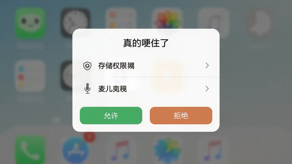 一张手机应用界面截图,展示“真的哽住了”软件的权限请求弹窗,画面中有存储权限和麦克风权限两个选项,下方有允许和拒绝按钮,背景为半透明遮罩,界面清晰,风格简洁,画质干净无多余元素。