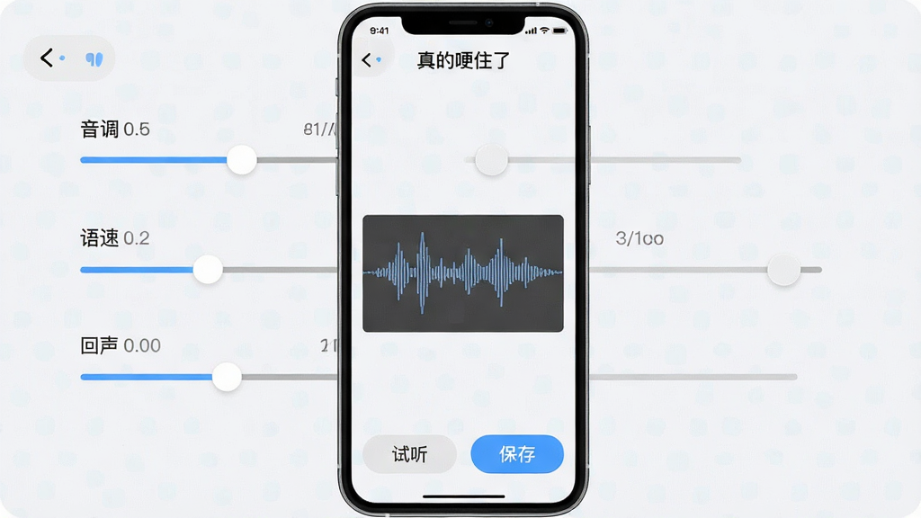 一张手机应用界面示意图,展示“真的哽住了”软件的自定义音效调节页面,画面中有音调、语速、回声三个滑块控制条,每个滑块旁边有数值显示,中间有实时波形预览,底部有试听和保存按钮,界面以浅色背景为主,控件清晰,风格简约现代,画质干净无多余元素。