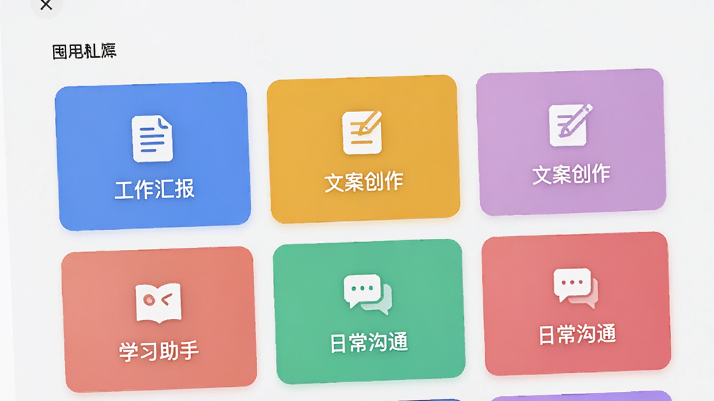 ����չʾ�ڶ�AIӦ���ڵ�ģ�����棬��Ļ�������Ŷ����ɫ���ܿ�Ƭ����Ƭ�Ϸֱ�д�š������㱨�����İ���������ѧϰ���֡����ճ���ͨ�������ֱ�ǩ��ÿ����Ƭ���ж�Ӧ�ļ�Լͼ�꣬������������������ִ���ƽ�������ɾ�����������ϸ���޶���Ԫ�ء�