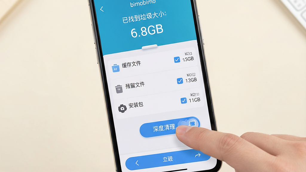 һ��չʾbimobimoʹ�ý̵̳���ϸͼƬ��������һ���ֻ���һֻ�֣���ָ�������Ļ�ϵġ������������ť���ֻ���Ļ��ʾbimobimoɨ����ɽ��棬�Ϸ���ʾ���ҵ�������С��6.8GB�����м��г��������ļ������������ļ���������װ�����ȷ��࣬ÿ�������Ҳ��й�ѡ��ʹ�С���֣������������Ű����б��ӵײ�������������Ǽ������Ĺ�����App���ϸ���ϰ�ť�а�ѹ����Ч����������ǳɫϵ�����ʸ��壬�ɾ����޶���Ԫ��