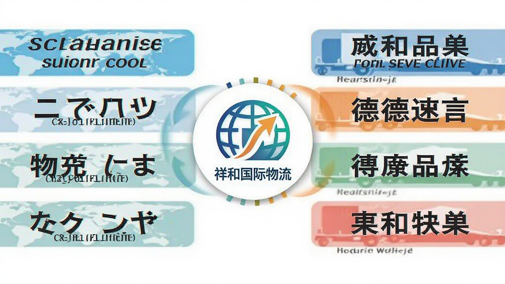 一幅展示祥和国际物流多语言翻译功能的示意图,画面左侧是英文、日文、德文等物流状态文字,右侧是中文翻译结果,中间有祥和国际物流的图标作为转换桥梁,风格简洁明快,布局左右对称,细节清晰,画质干净无多余元素