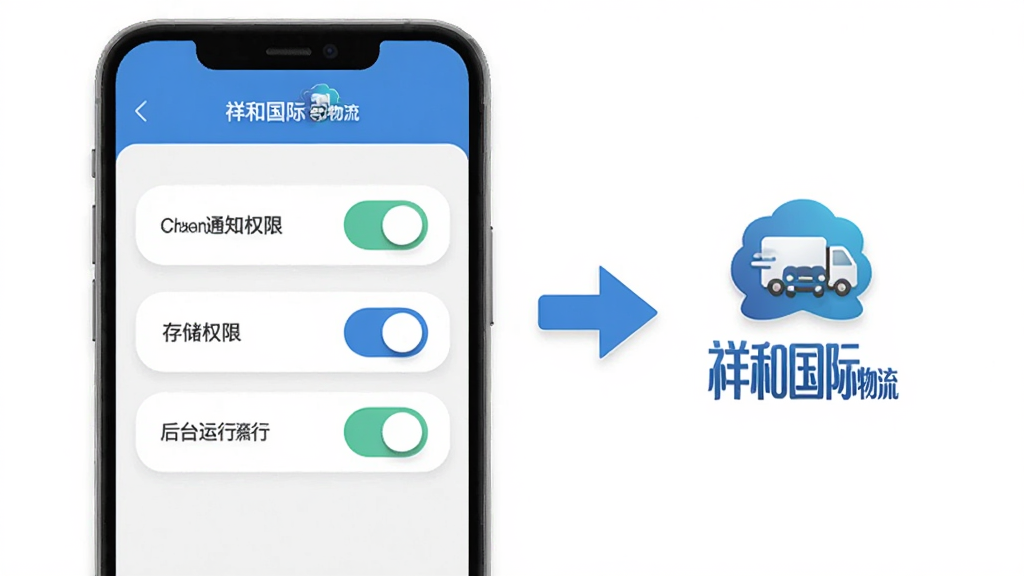 一张展示祥和国际物流安装权限设置步骤的示意图,画面中手机屏幕显示设置界面,有通知权限、存储权限和后台运行三个开关按钮,旁边有祥和国际物流图标和箭头指示,风格简洁清晰,布局整齐,细节圆润,画质干净无多余元素