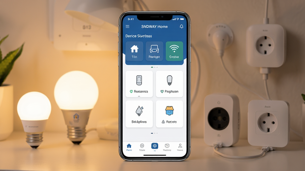 һ��չʾSNDWAY Smart HomeӦ�ú���ȫò��ͼƬ��������һ�������ֻ���Ļ����Ļ����ʾ��SNDWAY Smart Home��App���棬���沼���������������豸״̬�������м����豸���ƿ�Ƭ���ײ��ǵ���������������ܰ�ļҾӻ����������ܵ��ݡ����ܲ������豸������ǿƼ����������ϣ�ϸ�ڷḻ�����ʸɾ����޶���Ԫ�ء�