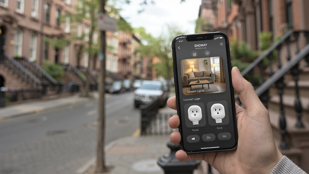 һ��չʾSNDWAY Smart HomeԶ�̿��ƹ��ܵ�ͼƬ��������һ�����ڻ��������ֻ����ֻ���Ļ����ʾ�ż���ĵƹ�Ͳ������ƽ��棬�����ǳ��н־��������������ڻ����Ҳ࣬�ֻ���Ļ���������ɼ�����������дʵ��ϸ�ڷḻ�����ʸɾ����޶���Ԫ�ء�