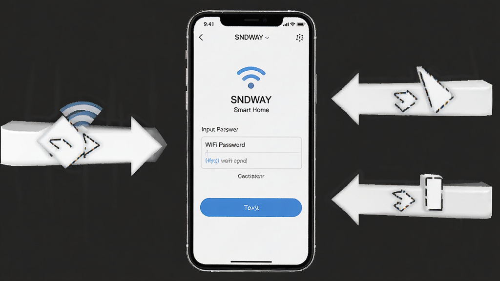 һ��չʾSNDWAY Smart Home�������������ͼƬ���������ֻ���Ļ��ʾApp����������ҳ�棬������WiFi�������������һ����ť���������ֻ��ڻ������룬�Ա��м򵥵Ĳ���ָʾ��ͷ������������Ľ̳�ʾ��ͼ���ϸ�����ˣ����ʸɾ����޶���Ԫ�ء�