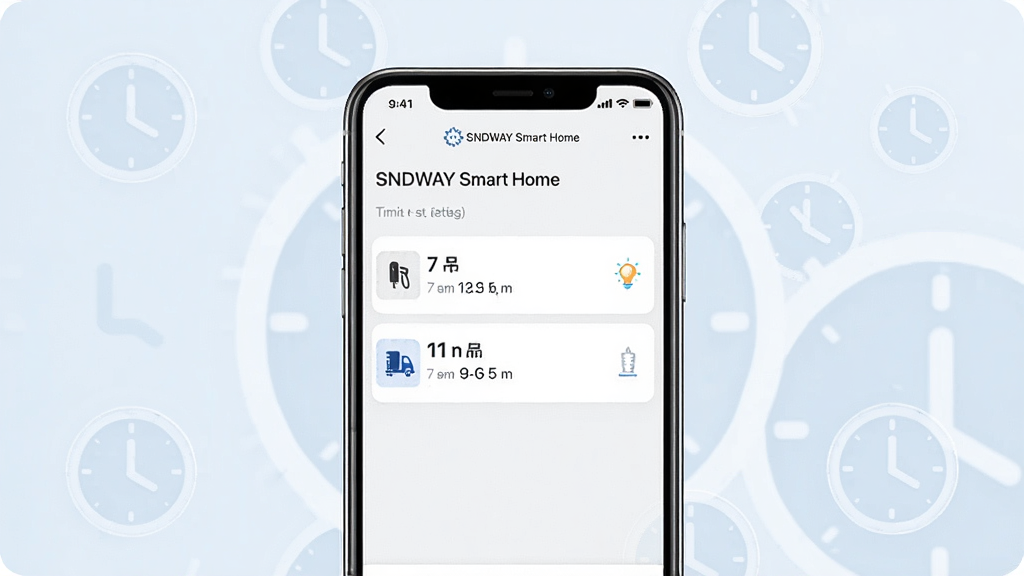 һ��չʾSNDWAY Smart Home��ʱ�������ý����ͼƬ�������������ֻ���Ļ��ʾ�Ŷ�ʱ�б���������7�������11���������Ŀ���������ֻ��ڻ������룬��Χ�е�����ʱ��ͼ����Ϊ����װ�Ρ��������ˬ��UIչʾ�磬ϸ�����������ʸɾ����޶���Ԫ�ء�