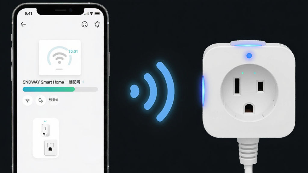һ��չʾSNDWAY Smart Homeһ���������ܵ�ͼƬ�������������ֻ���Ļ��ʾ���������豸�Ľ��������Ա���һ�����ܲ���������ɫָʾ����˸���������ֻ�����࣬�������Ҳ࣬�м����ź�����ʾ�⡣����Ǽ��ı�ƽ���Ƽ��磬ϸ�����������ʸɾ����޶���Ԫ�ء�