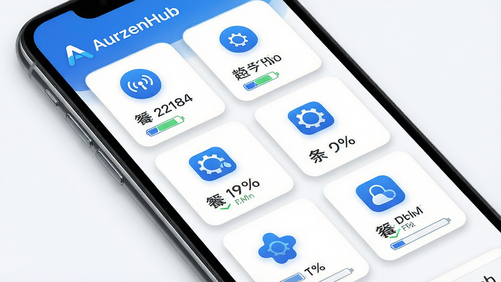 һ��չʾAurzenHub���豸�������ܵ�ͼƬ������Ϊ�ֻ���Ļ�ж���豸ͼ���Կ�Ƭ��ʽ���У�����Ϊ����״�ֲ���ÿ����Ƭ��ʾ�豸���ƺ͵�����Ϣ���Ű��������������Ϊ��Լ�Ƽ��С�������ɫ��ϸ���Ͽ�Ƭ������΢��Ӱ��ͼ���������������ʸ���ɾ��޶���Ԫ�أ������а�����AurzenHub�����ֱ�ʶ