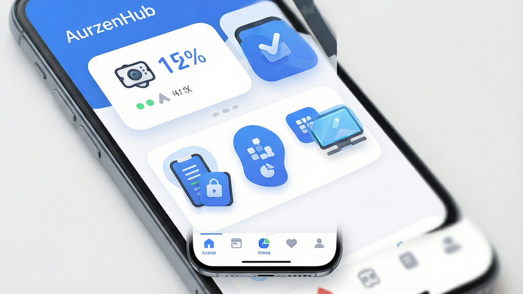 һ��չʾAurzenHub�������Ľ����ͼƬ���������ֻ���Ļ��ʾAurzenHubӦ����ҳ������Ϊ�����豸״̬��Ƭ���в����ܿ�����ͼ�ꡢ�ײ����������Ű������򣬷��Ϊ�ִ���ƽ���Ƽ��磬ϸ����ͼ��Բ����ɫ������Ϊ�������ʸ���ɾ��޶���Ԫ�أ������������ɼ���AurzenHub������