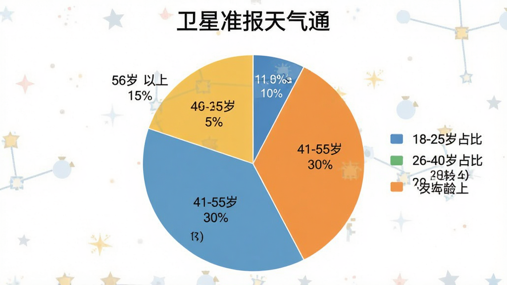 一张饼状图展示“卫星准报天气通”用户年龄分布,画面主体为圆形饼图,分为四个扇形区域,分别标注18-25岁占比20%、26-40岁占比35%、41-55岁占比30%、56岁以上占比15%,布局居中,风格为扁平化数据可视化图表,细节包含清晰的图例与百分比标签,画质干净无多余装饰