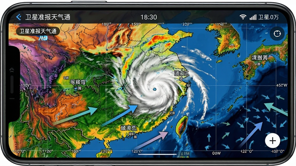 手机屏幕显示“卫星准报天气通”的卫星云图界面,画面主体为中国东部沿海地区的彩色卫星云图,云层呈现白色漩涡状,叠加了城市名称标注与动态箭头指示风向,布局为全屏地图模式,风格写实科技风,细节包含经纬度网格与时间戳,画质高清无杂质