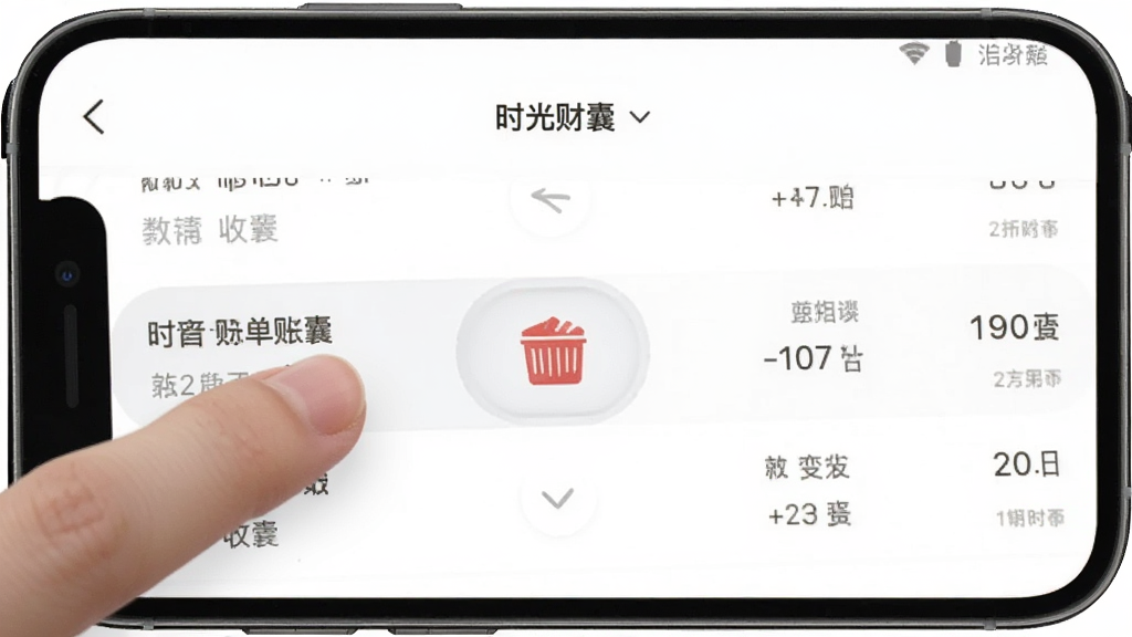 手机屏幕显示“时光财囊”的账单详情页面,一条条收支记录整齐排列,用户手指正在左滑某条记录准备删除,界面干净,背景为白色,风格简洁,画质清晰无多余元素