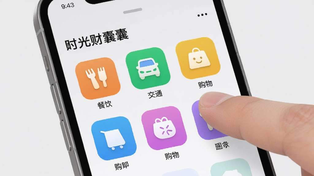 手机界面展示“时光财囊”的分类管理页面,多个彩色分类图标整齐排列,有餐饮、交通、购物等标签,用户手指正在拖动调整分类顺序,背景为浅灰色,风格清爽,画质干净无多余元素